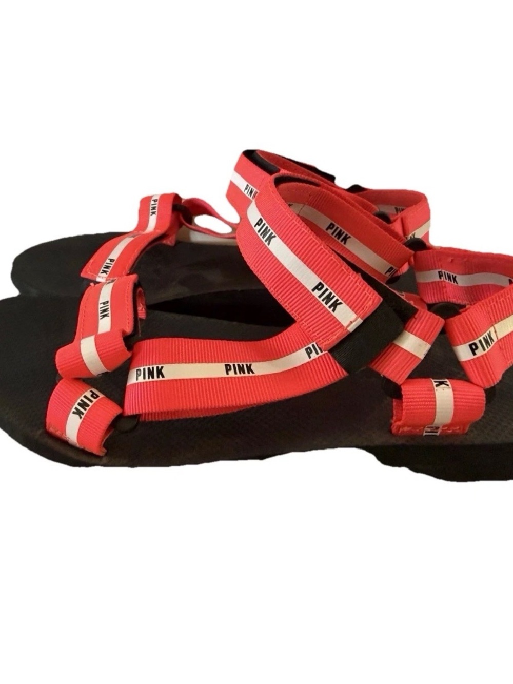 PINK Logo Strap Sandals in Coral Pink and Black size 7